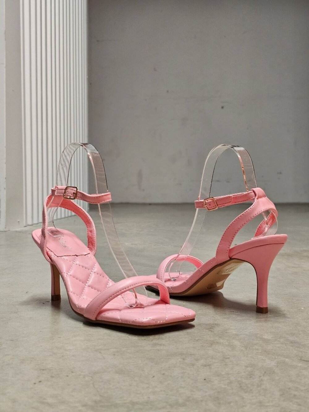 Quilted Pink Strappy Heels With Adjustable Ankle Strap & Square Toe Design Elega - Picture 12 of 13